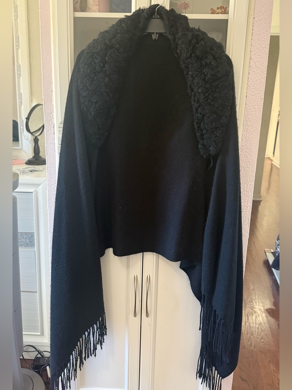 AKIRA Black Fringe Shawl with Faux Fur Collar
